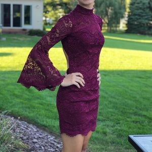 La Femme High Neck Long Bell Sleeve Lace Cocktail Dress